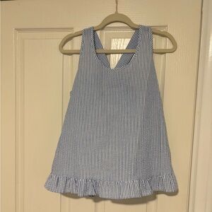 Blue and white striped seer sucker tank top with bow